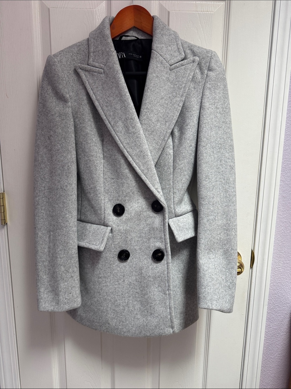 Zara Gray Double-Breasted Wool-Blend Blazer Coat